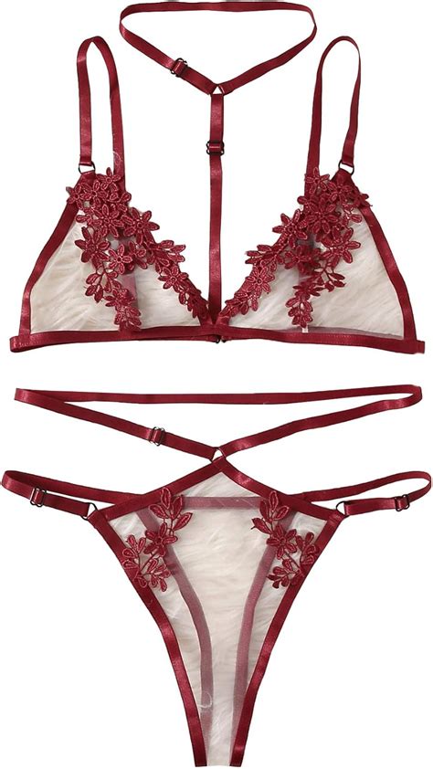 SheIn Women S Appliques Bralette And Panty Set Floral Mesh Lingerie Set