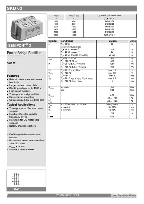 Skd62 Semikron International Rectifiers Hoja De Datos Ficha Técnica