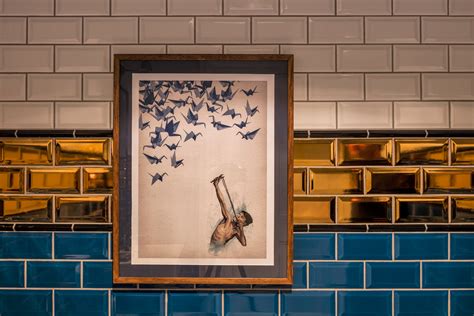 Blue Gold And White Bevelled Subway Tiles Contemporary Bathroom