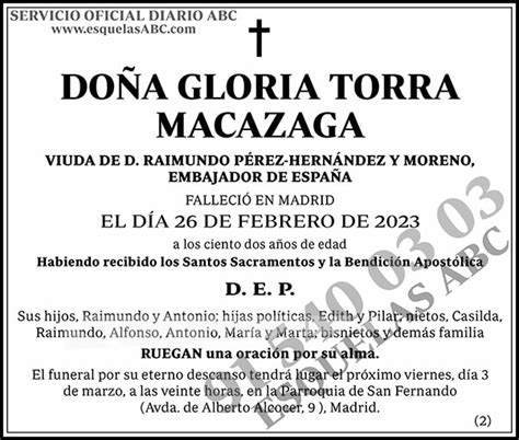 Esquela Publicada Abc Gloria Torra Macazaga