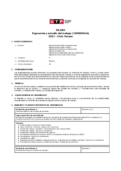 Silabo 100000 IN46 Ergonomia YEstudio Del Trabajo SÍLABO Ergonomía y