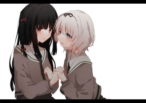 Safebooru 2girls Bangs Black Hair Black Ribbon Blue Eyes Bow Braid Brown Eyes Brown Serafuku