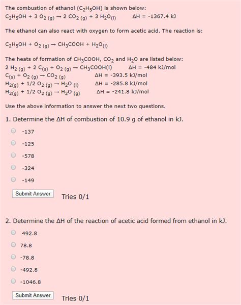 Solved The Combustion Of Ethanol C2H5OH Is Shown Below Chegg