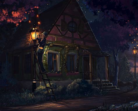 Wallpaper Art painting, night, house, people, lights, trees, countryside 3840x2160 UHD 4K ...