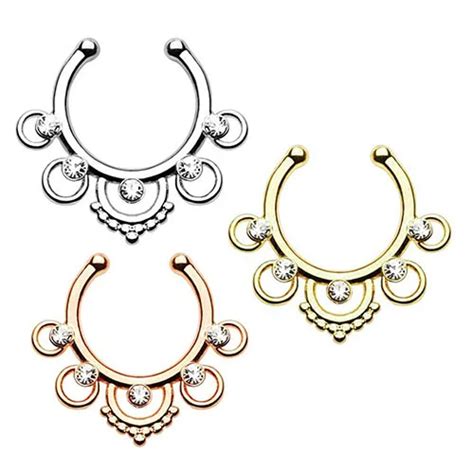 Hot Crown Hollow Nose Ring Rhinestone Non Piercing Hanger Clip On Hoop