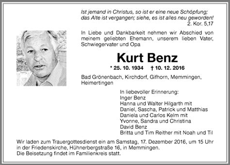 Traueranzeigen Von Kurt Benz Augsburger Allgemeine Zeitung