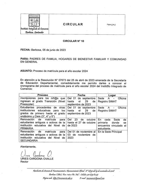 Circular Rectoral N° 10 De 2023 Proceso De Matrícula Para El Año