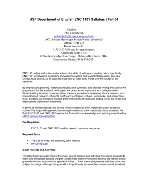 Usf Enc 1101 Syllabus Writing And Reading Course