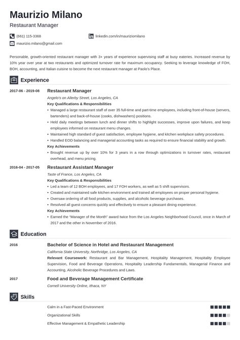 Restaurant Manager Resume Example Job Description And Skills