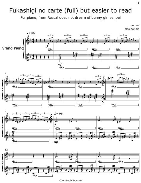 Fukashigi no carte (full) but easier to read - Sheet music for Piano