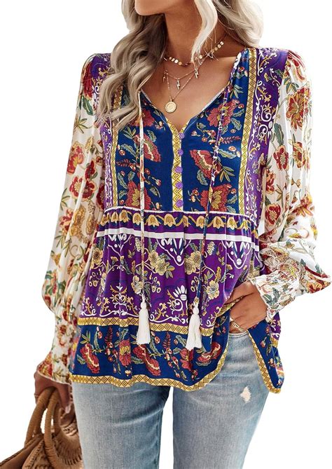 Oyoangle Womens Floral Print Tassel Tie V Neck Long Lantern Sleeve