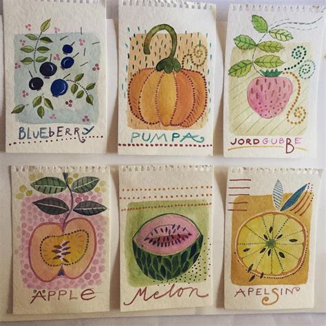 Four Small Cards With Fruit And Vegetables On Them