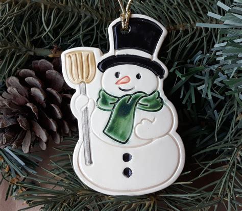 Ceramic Snowman With Green Scarf Christmas Ornament Etsy Christmas