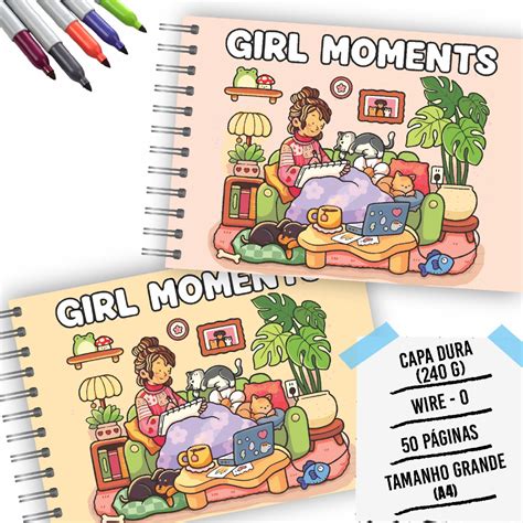 Livro De Colorir Girl Moments - Livro de Colorir Girl Moments Tamanho Grande 20x30cm Capa Dura Flexível ...
