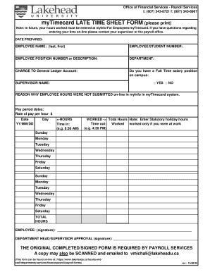 Fillable Online MyTimecard LATE TIME SHEET FORM - Lakehead University ...