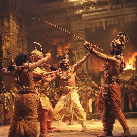 Three Men In Traditional Indian Clothing Fight With Swords And A Whip