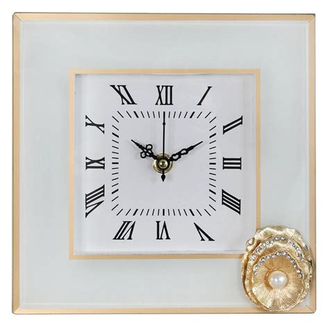 Ornate White Table Clock With Gold Trim And Lovely Gold Flower Broach