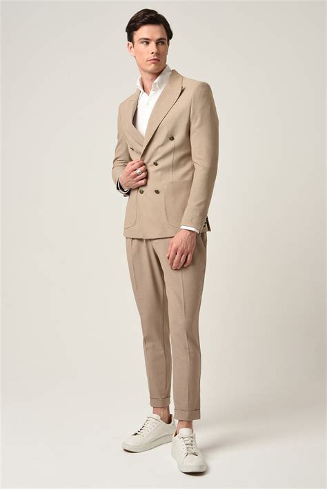 Antioch Bej Slim Fit Astarl Kruvaze Erkek Blazer Ceket