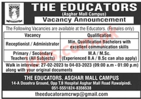 The Educators Schools Jobs 2023 for Teachers and Non-Teaching Staff (Islamabad / Rawalpindi) on ...