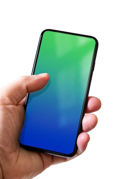 M O Segurando Um Smartphone Tela Azul E Verde Em Branco Isolado No