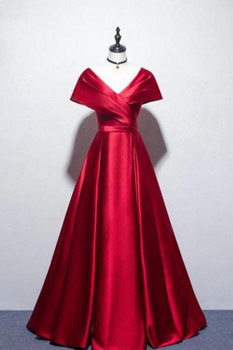 Sexy V Neck Long Red Satin Prom Dresses Cap Sleeve A Line Formal Women