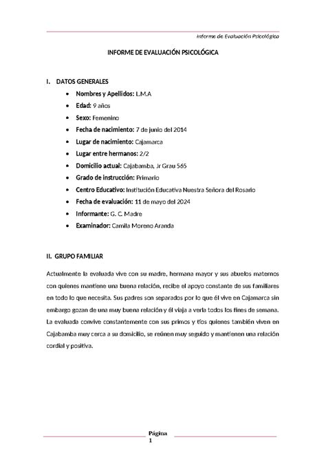 Informe Wisc IV Modelo INFORME DE EVALUACIÓN PSICOLÓGICA I DATOS