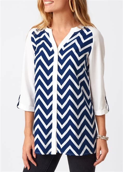 Rotita Chevron Print Split Neck Three Quarters Sleeve Blouse Rotita