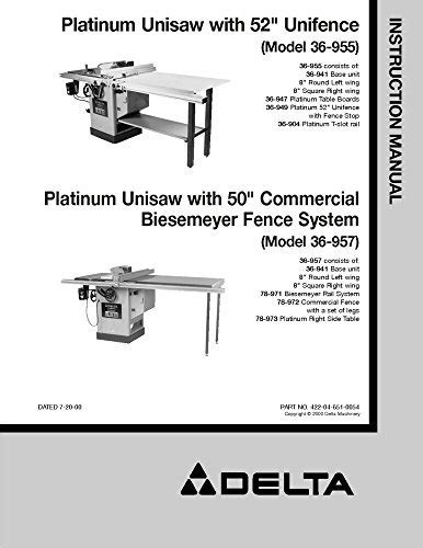 Instruction Manual For Delta 36 955 36 957 Platinum Unisaw Instruction