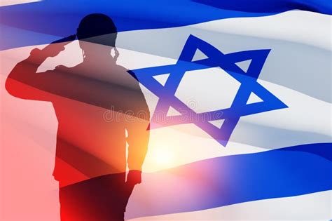 Silhouette Of Soldier On Background Of The Flag Of Israel Stock Photo