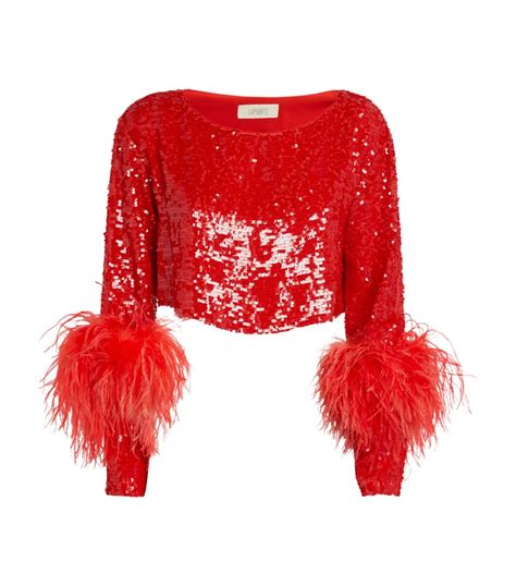 Womens LAPOINTE Red Sequinned Feather Trim Crop Top Harrods UK