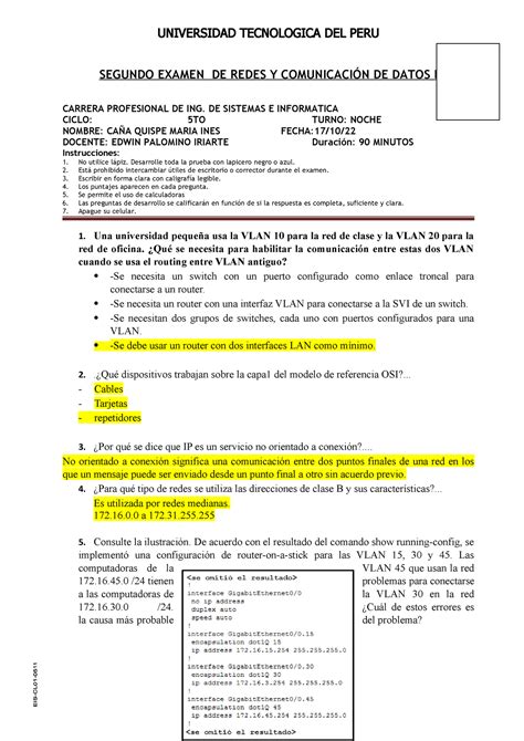 UTP RC Redes Y Comunicaciones Segundo Examen 2022 SEGUNDO EXAMEN DE