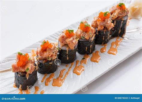 Maguro Maki Sushi Topping With Maguro Bluefin Tuna With Sauce And Ebiko