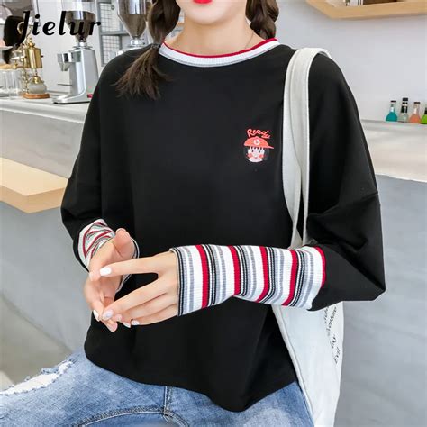 Jielur 2018 Autumn Winter New Fake Two Piece T Shirt Women Striped Long