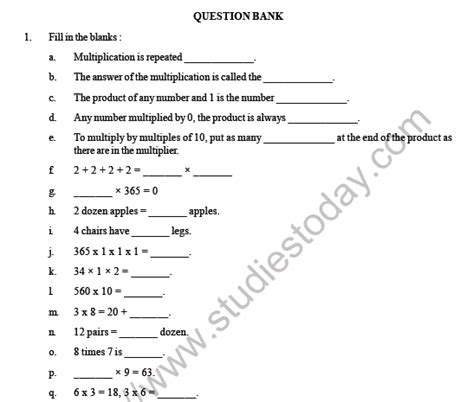 Cbse Class 3 Maths Multiplication Question Bank