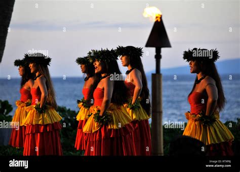 Hula Dancers At A Luau Presentation In A Resort Lahaina Beach Maui