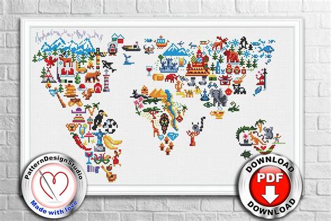 World Map Cross Stitch Pattern Pdf Travel Cross Stitch Modern Embroidery Easy Cross Stitch Globe