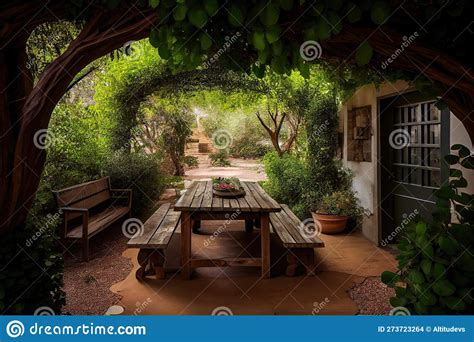 Patio With Picnic Table Surrounded By Lush Greenery Stock Illustration