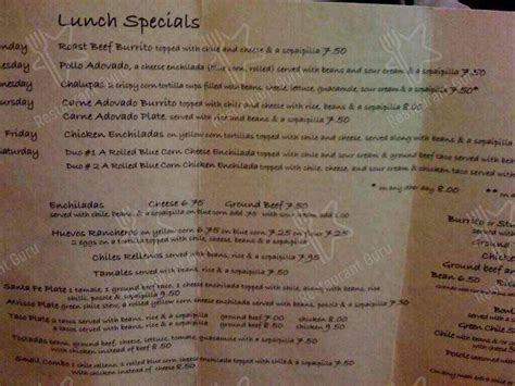 Menu at Tia Sophia's restaurant, Santa Fe