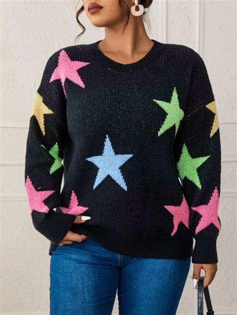 Plus Star Pattern Drop Shoulder Sweater Drop Shoulder Sweaters