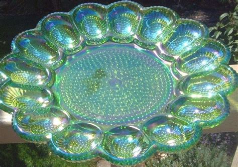 Vintage Indiana Carnival Iridescent Hobnail Green Deviled Egg Plate Holds 15 Egg 1837280496