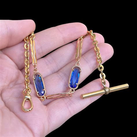 10 Art Deco Sapphire T Bar Pocket Watch Chain Vintage Gold Watch Chain