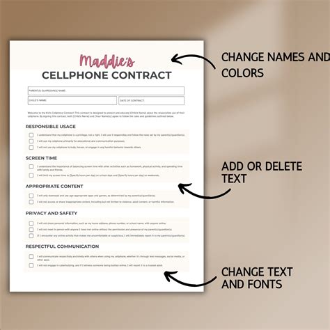 Cell Phone Contract Printable Digital Download, Editable Kid/teen Cell