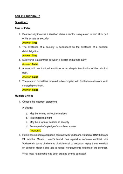 Law Of Insolvency Tutorial Ber 220 Tutorial 6 Question 1 True Or