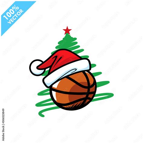 Basketball Santa Hat With Christmas Tree Background Logo Vector Stock