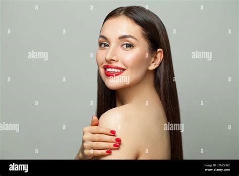 Happy Brunette Woman Fashion Model With Clear Skin And Long Healthy