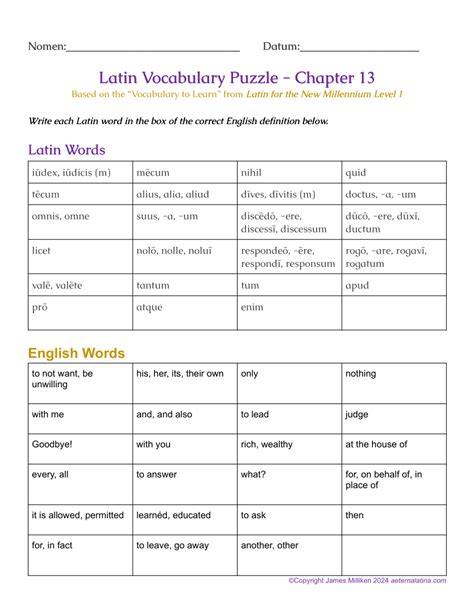 Vocabulary Puzzle For Latin For The New Millennium I Aeterna