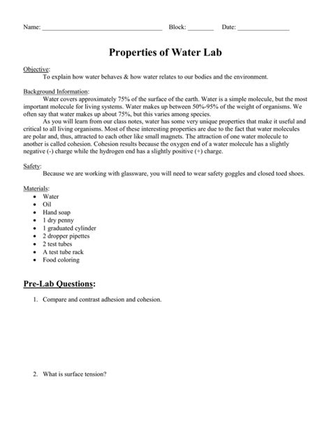 Properties Of Water Lab