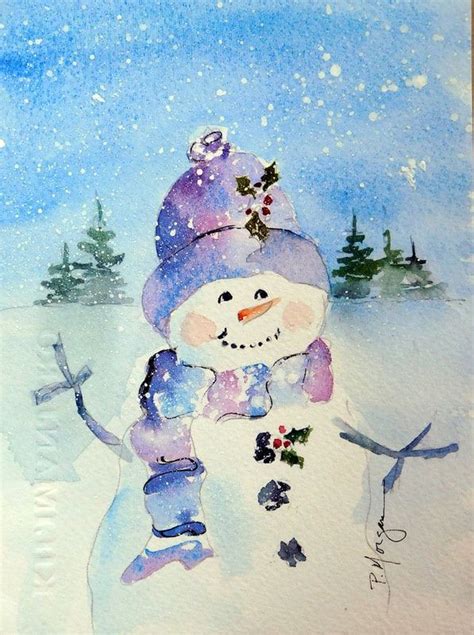 A Watercolor Painting Of A Snowman In The Snow