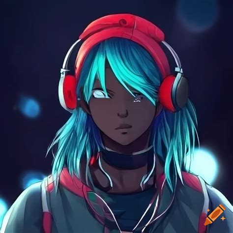 Dark Skinned Anime Character With Green Eyes And Cyan Hair In An Urban Setting On Craiyon