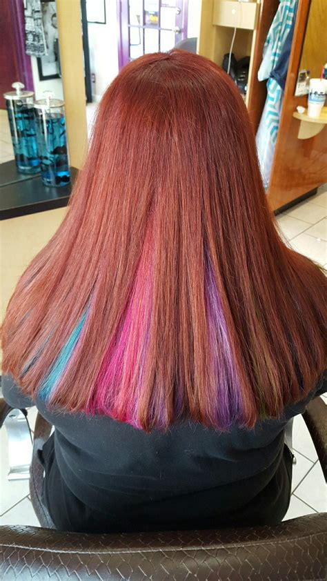 Vivid Red Hair With A Rainbow Of Undercolor Red Hair Undercolor Hair Hair